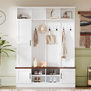 Entryway Hall Tree With Shoe Bench, Multifunctional Coat Rack with 6 Hook,Wood Hallway Coat Hanger with Shoe Storage for Entryway Living Room - 1 of 4
