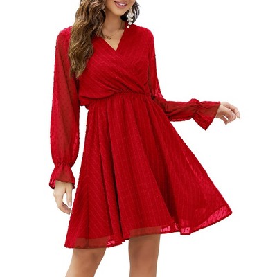 Women V Neck Long Sleeve Dress Lace Flowy Polka Dot Chiffon Wrap Midi  Dresses : Target