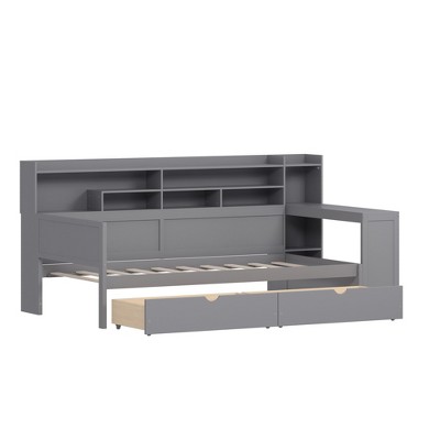 FURNIinspire Beds Wooden Twin Size Daybed with Storage Drawers Shelves and Desk for Bedroom or Study, Gray, 91.3"*49.9"*44.9"