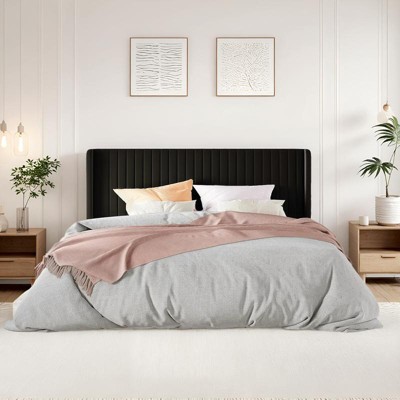 Allewie Bed Platform Frame/Velvet Upholstered Bed Frame with Vertical Channel Tufted Headboard/Strong Wooden Slats/Box Spring Optional