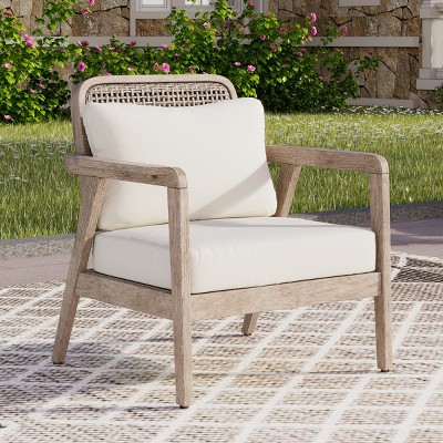 Modern Patio Acacia Wood Club Chair,Cream Fabric Cushion Club Chair,Garden Chair With Woven Backrest And Solid Acacia Wood Frame-Cuddlewood