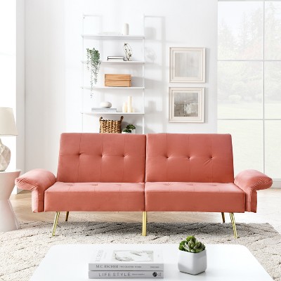 LOVMOR 78" Velvet Convertible Futon Sofa Bed with Adjustable Backrest and Armrest, Loveseat Sleeper Futon Couch w/ Storage Bag, for Living Room, Pink
