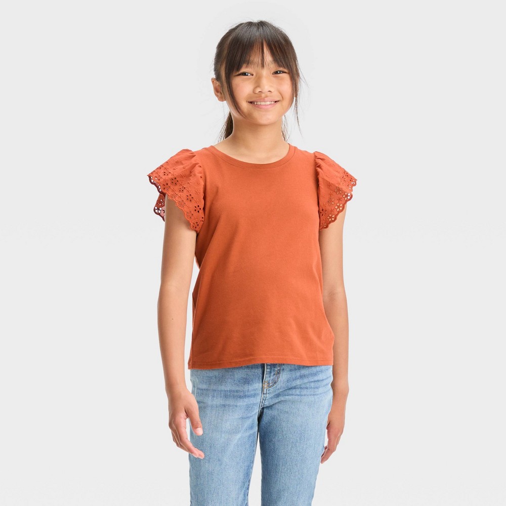 Girls' Short Sleeve Eyelet T-Shirt - Cat & Jack™ Chestnut Orange L