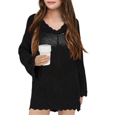 Girl Swimsuit Crochet Swim Cover Up Summer Bathing Suit Swimwear V Neck Mesh Knit Beach Dress