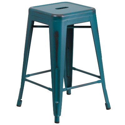 Emma and Oliver Commercial Grade 24"H Backless Distressed Metal Indoor-Outdoor Counter Stool