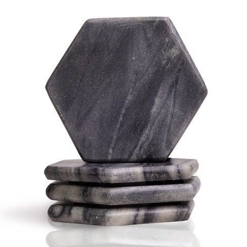 Viski Black Marble Coasters - Round Black Coasters For Drinks - Heavy Stone  With Cork Backing And Stand - Real Black Marble Coasters Set Of 4 : Target