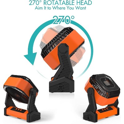 Portable Orange Oscillating Desk Fan with LED Light and Hook