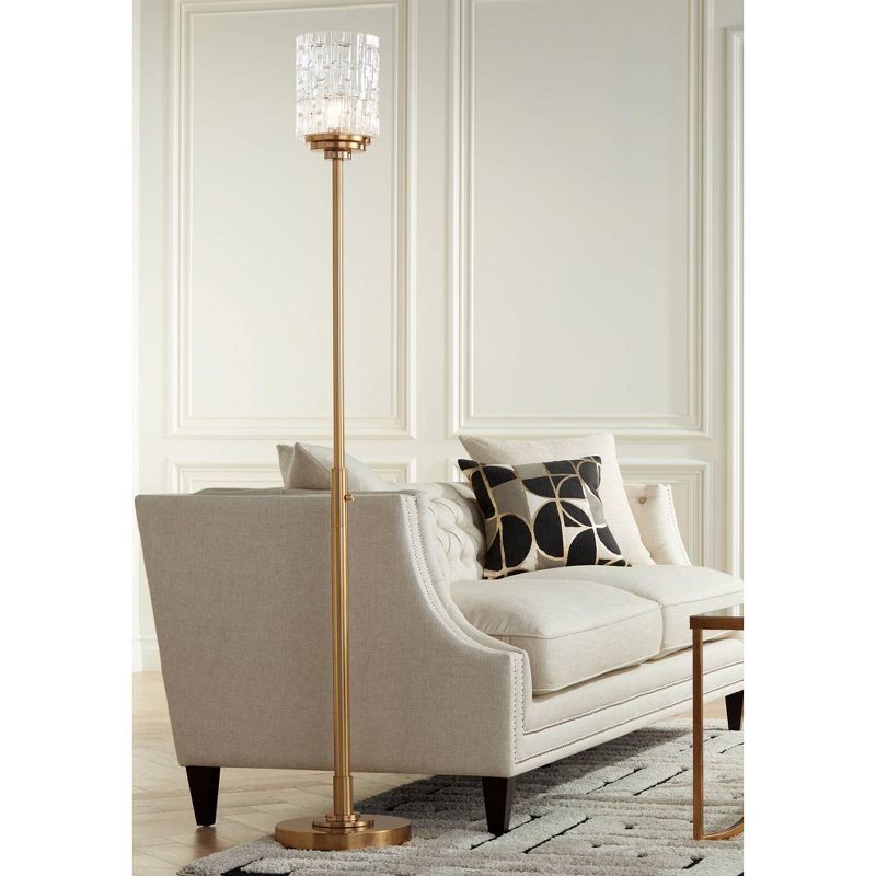 Possini Euro Design Kinsey Modern Torchiere Floor Lamp 72 1/2" Tall Brass Gold Metal Stone Pattern Crystal Glass Shade for Living Room Office House, 2 of 10