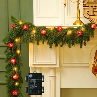 MOEPISY 6.2FT Pre Lit Christmas Cedar Garland with Lights Artificial Pine Garland Christmas Decorations with Ball Ornaments