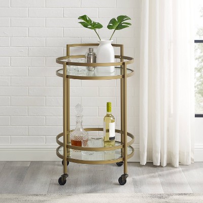 Bailey Modern Round Gold Bar Cart with Tempered Glass Shelves