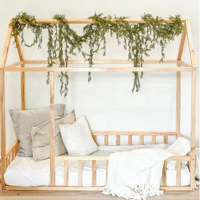 Natural Wood Twin House Bed Frame with Rails