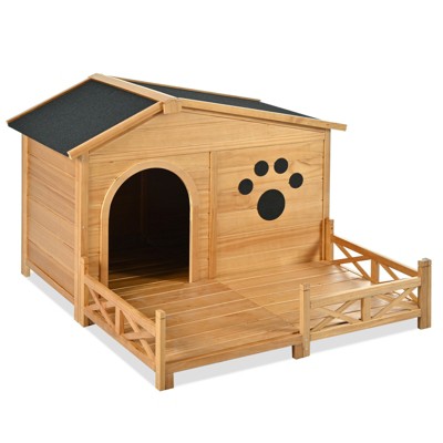 VisioGear Dog House, 48" Dog House Outdoor with Porch, Dog Kennel with Roof and Fencing for Indoor & Outdoor, Brown, 48"*48"*33"