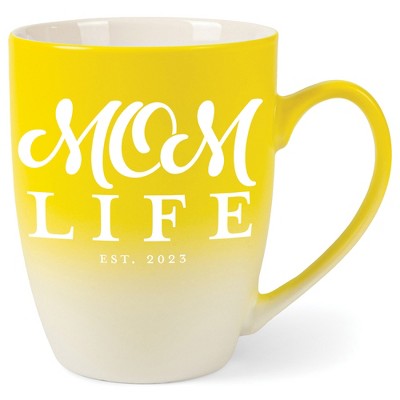 Elanze Designs Mom Life Est 2023 Two Toned Ombre Matte Yellow and White 12 ounce Ceramic Stoneware Coffee Cup Mug