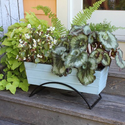 Medium Blue Galvanized Steel Planter Box with Black Iron Stand
