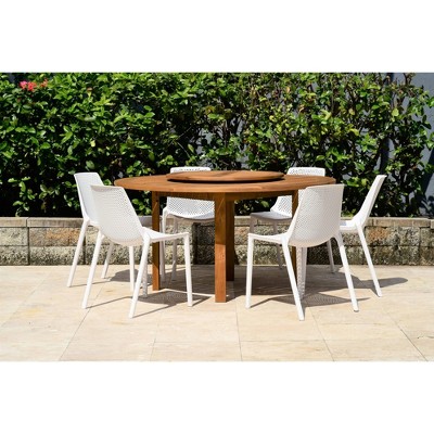 Kinnitty 7pc Patio Dining Set with Round Table with Teak Finish & Lazy Susan - White - Amazonia