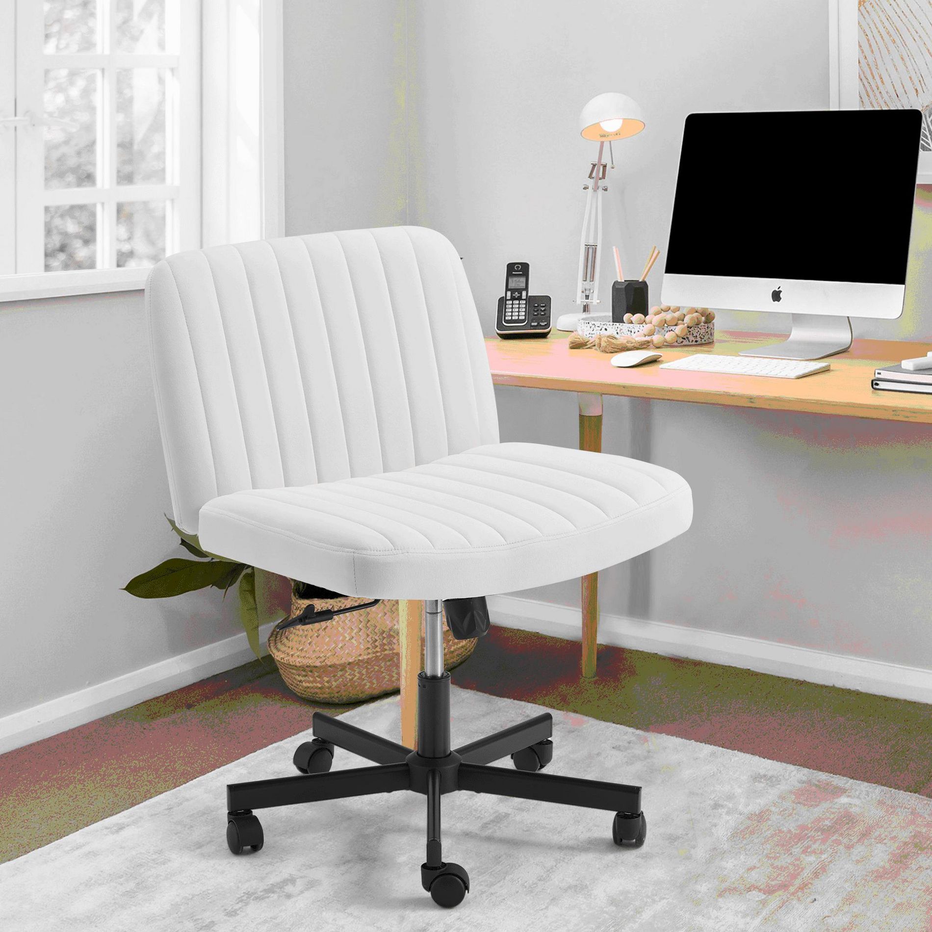 Erommy Armless Criss Cross Chair with Wheels, Height Adjustable Cross Legged Office Chair, Office Deak Chair for Office, Bedroom, Living Room, White