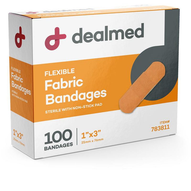 Dealmed 1" x 3" Fabric Adhesive Bandages with Non-Stick Pad, Latex Free Wound Care, 1 of 5