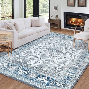 Washable Area Rug Non Slip Low Pile Living Room Rug Vintage Non-Shedding Floor Mat Oriental Floral Throw Rugs Indoor Soft Foldable - 1 of 4