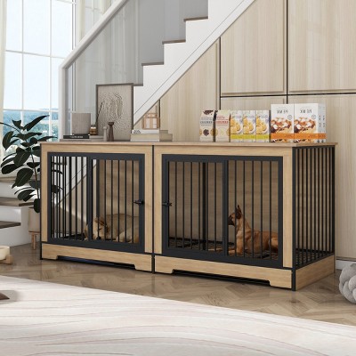 74.80"Dog Crate Furniture with Two Combined Room, XL Large Double Dog Cage Furniture with Tray for Medium Large Dogs, Natural