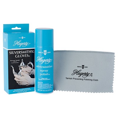 Hagerty Silversmiths' Spray Polish and Gloves 3 piece. Set with R-22 Tarnish Preventative