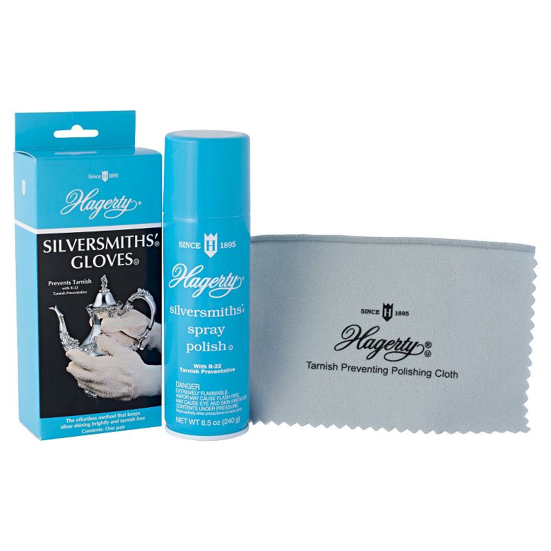 Hagerty Silversmiths' Spray Polish and Gloves 3 piece. Set with R-22 Tarnish Preventative, 1 of 2