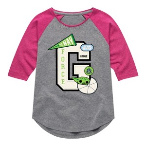 Girls' - The Mandalorian - Grogu Letterman Shirt Tail Raglan Graphic T-shirt - 1 of 3