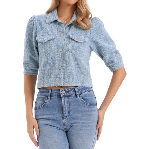 INSPIRE CHIC Women's Cropped Denim Puff Sleeve Button Down Vintage Jean Jackets with Pockets - 1 of 4