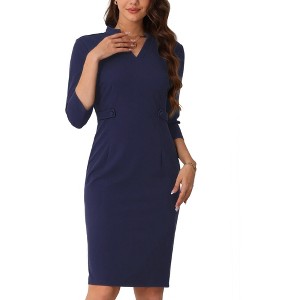 INSPIRE CHIC Women's Work V Neck Stand Collar 3/4 Sleeve Split Vintage Midi Pencil Dress - 1 of 4