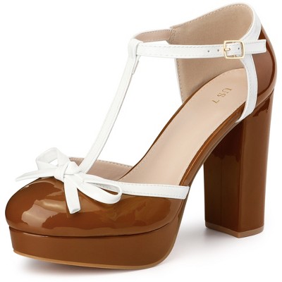 BLISSFUL STEP Women's Patent Leather T-Strap Round Toe Chunky Heel Pumps