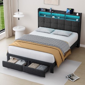 NicBex Full/Queen/King Upholstered Bed Frame with Storage Headboard and 2 Drawers,Platform Bed Frame with LED Light,Charging Station,Easy Assembly - 1 of 4