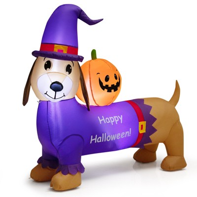 Tangkula 5FT Long Halloween Inflatable Dachshund Dog Blow Up Outdoor Wiener Dog w/Pumpkin & Witch Hat Cute Inflatable Dog Decoration Prop w/LED Lights
