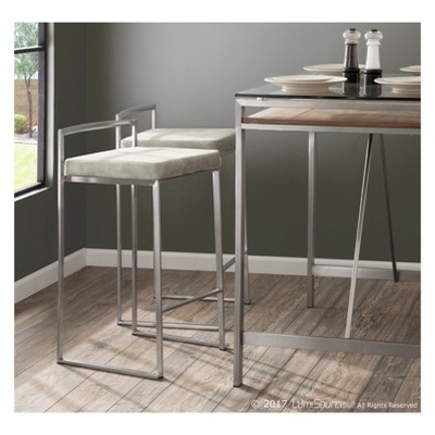 Set of 2 Light Gray Metal Counter Stools with Cushions