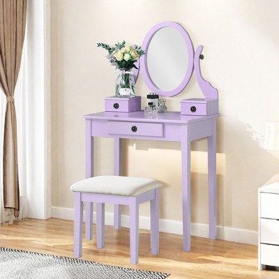 NicBex Vanity Desk with Mirror 30" Vanity Table with Oval Mirror, British Style Wood Makeup Vanity with 3 Drawer and 1 Upholstered Stool