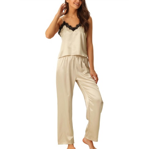 Cheibear Womens Satin Lounge Lace Trim Cami Tops With Pants Sleepwear  Pajamas Sets Light Khaki Large : Target