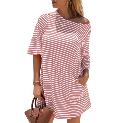 EXLURA Women's 2025 Summer Oversized Short Sleeve T Shirt Dress Casual Crew Neck Striped Tops Loose Sundress with Pockets