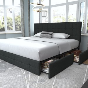 Allewie King Upholstered Bed Frame/4 Storage Drawers/Adjustable Headboard/Square Stitched Button Tufted/wooden Support/Easy Assembly/Dark Grey - 1 of 4