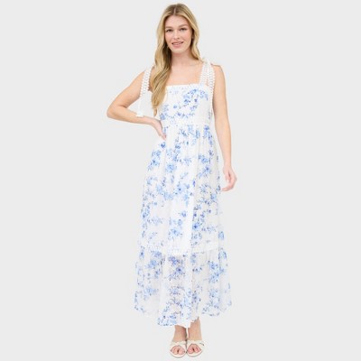 August Sky Women's Lace Trim Floral Midi Dress