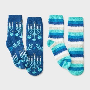 Kids' 2pk Hanukkah Menorah Cozy Crew Socks with Gift Card Holder - Wondershop™ Navy Blue - 1 of 3