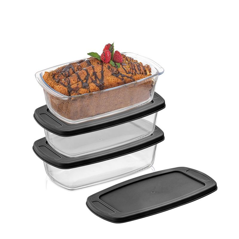 JoyJolt Glass Bakeware Containers for Loaf,  Bread, Cakes Pans Baking Containers with Lids - Set of 3 - Black, 1 of 8