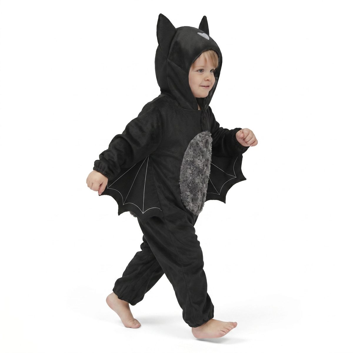 Joyfy Baby Black Bat Halloween Costume, Toddler Hooded Jumpsuit with Wings & Furry Tummy Pajamas for Halloween Dress Up Parties - thumbnail 5