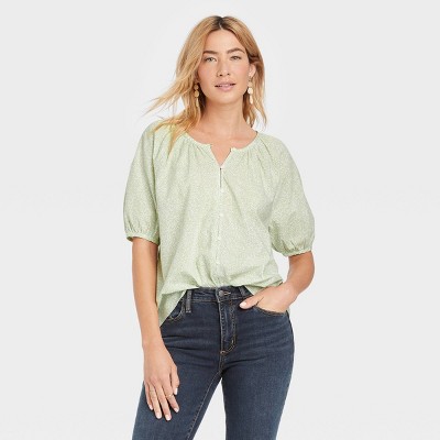 Women's Puff Short Sleeve Button-Front Blouse - Universal Thread™ Green Floral L