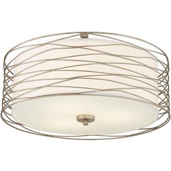 Possini Euro Design Modern Ceiling Light Flush Mount Fixture Antique Silver Leaf 18" Wide Wavy Spun White Drum for Bedroom Kitchen