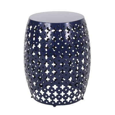 XINGHANZHENXUAN Black Modern Metal End Table, Barrel Accent Side Table with Geometric Iron Cut Design, Powder-Coated Finish, No Assembly Required