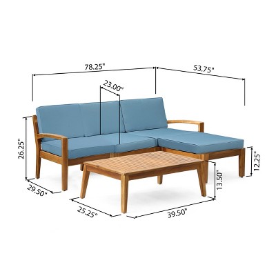 Teak and Blue Acacia Wood 3-Seater Sectional Sofa Set with Ottoman