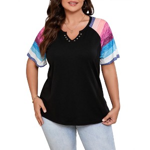 Women's Plus Size Shirt Notched Neck Color Block Blouse Short Sleeve Tunic Top - 1 of 4