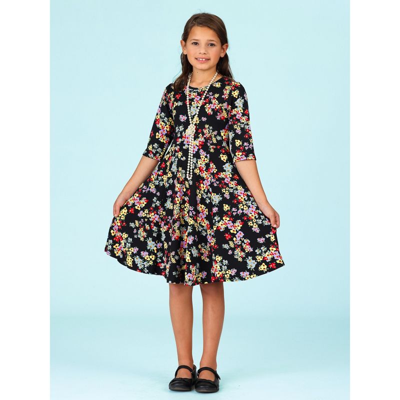 24seven Comfort Apparel Knee Length Floral Print Fit and Flare Girls Dress, 4 of 6