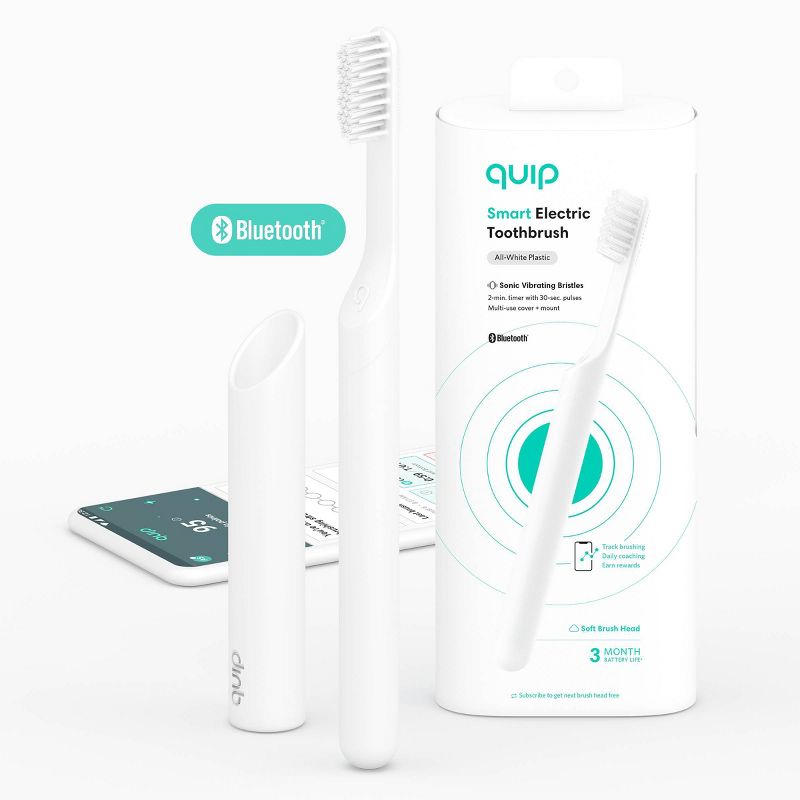 quip Plastic Smart Electric Toothbrush Starter Kit - 2-Minute Timer, Bluetooth, Free App + Travel Case - All-White - 2pk, 1 of 23