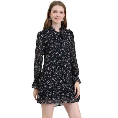 INSPIRE CHIC Women's Floral Dress Loose Chiffon Ruffle Self Tie Neck Shift Dresses