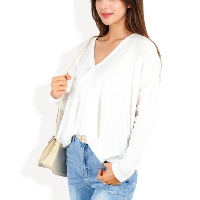 Anna-Kaci Women's V-Neck Waffle Knit Surplice Wrap Long Sleeve Top