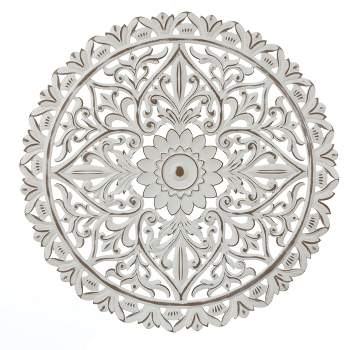 LuxenHome Distressed White Wood Flower Mandala 31.5" Round Wall Decor